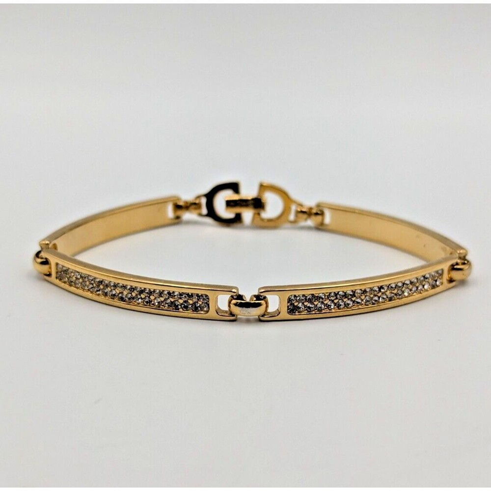 Vintage Christian Dior Gold Tone Clear Rhinestone Panel/Tennis Style Bracelet 7"
